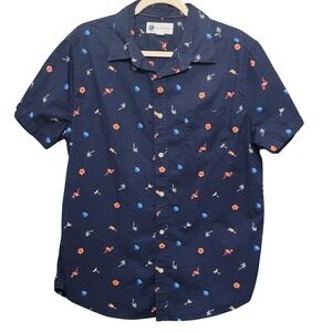 Aeropostale Button Up Mens Large Navy Flamingo Tropical Palm Martini Shirt